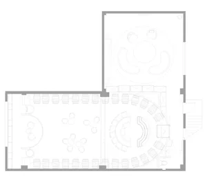 A black and white architectural drawing depicting the layout of a restaurant.