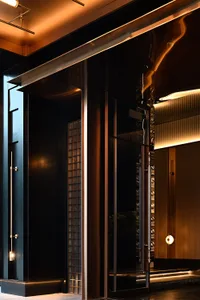 Modern storefront entrance featuring metallic accents, leather elements, glass panels, and concrete steps.