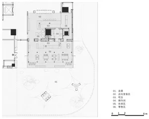 2D architectural drawing of indoor space planning, featuring designated areas for different functional zones.