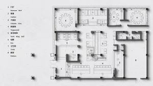 2D architectural drawing of a restaurant interior design layout.