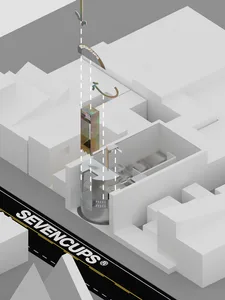 Technical architectural rendering of a building plan set within an urban context.