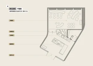 An architectural floor plan of a cafe with labeled areas such as guest seating, step flower bed, kitchen, counter bar, and en