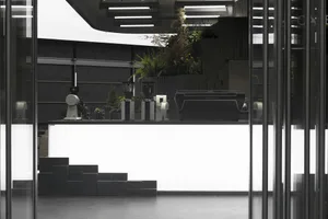 Concrete counter in an industrial-style coffee shop