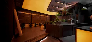 Modern cafe interior with brick, wood, and concrete materials