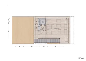 A modern office interior featuring a spacious area with wooden flooring and a hall.