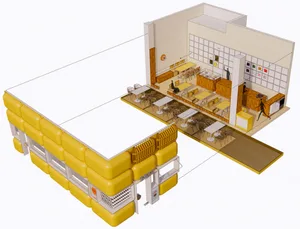 A modern restaurant interior with yellow flooring and seating areas.