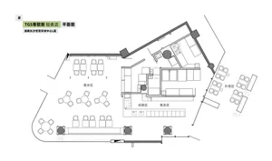 Detailed floor plan of a restaurant interior with defined functional zones including a seating area, cash register, and sales