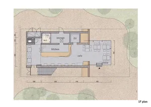 Floor plan of a cafe with concrete materials.