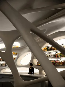 A modern restaurant bar with a unique, organic architectural design featuring a bar counter crafted from glass and concrete m