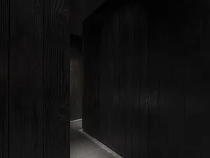 Black wood panels lining a wall in an interior design setting.