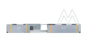 3D rendering of a metal museum exhibit plan with geometric shapes and a large 'M' logo.