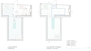 A 2D architectural drawing of a restaurant's floor plan with different zones labeled and a 1.250m scaled plan.