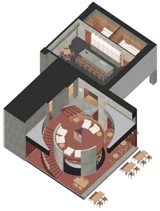 現代工業風餐廳室內，搭配混凝土地板與家具，中央設有圓形座位區與吧台