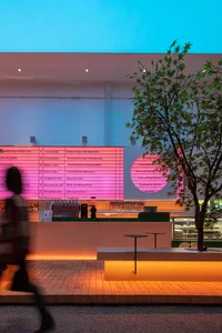 A modern coffee shop featuring contemporary lighting design with a focus on warm, inviting ambiance.