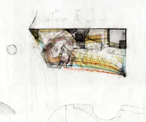 A floor plan of a mixed-media architectural interior concept, featuring various zones and functional areas.