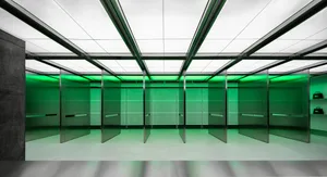 Modern commercial space interior with glass walls and striking green lighting