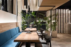 A modern restaurant with wooden tables, concrete walls, and potted plants