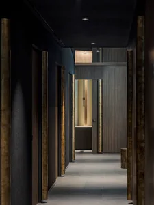 Modern interior design featuring dark walls and wooden columns in a hallway.