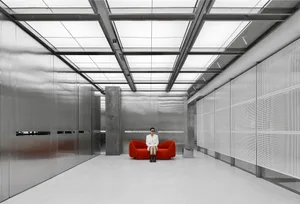 A modern industrial lobby with metal elements