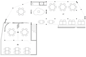 A black and white architectural drawing of a restaurant floor plan.