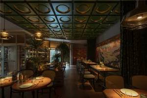 Modern restaurant interior with wooden furniture, circular ceiling tiles, and greenery.