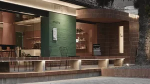 Modern storefront with brick and concrete exterior