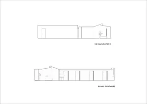 Two elevation drawings of a building's interior, showing a hallway with doors and a plant.
