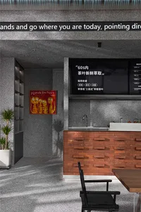 A modern coffee shop with a brick-cladding and concrete flooring design