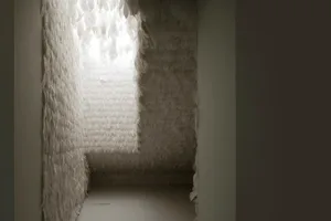 A minimalist interior space adorned with white feathers, featuring a small window allowing natural light to filter in.