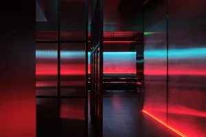 Modern industrial restaurant interior with vibrant lighting