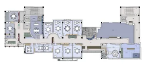 A detailed architectural floor plan of a restaurant interior with multiple dining areas, kitchen, and restrooms.