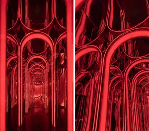 A modern interior featuring metal tubes creating a tunnel-like structure.