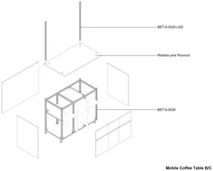 Exploded view diagram of a mobile coffee table, showing its assembly components and materials.