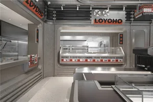 Modern food court with a sleek, industrial design featuring metal, glass, and concrete materials, showcasing a food counter w