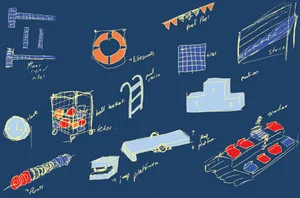 A detailed blueprint of a swimming pool with various components and materials indicated.