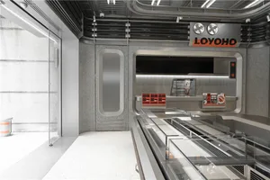 A minimalist food stall with steel, concrete, and glass interior design.