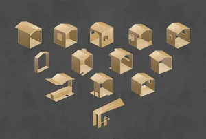 Small wooden architectural models on a textured background
