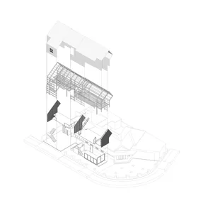 Isometric architectural drawing of a multi-level building structure with transparent roof and floor trusses.