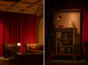 A luxurious interior design featuring a leather couch and red curtains.