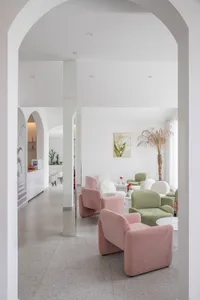 Modern, minimalist living room with pastel-colored fabric sofas and natural palm tree.