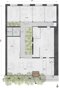 Neutral-toned layout of a restaurant interior, including dining areas, kitchen, and restrooms.