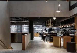 Modern design of a cafe bar with wooden materials.