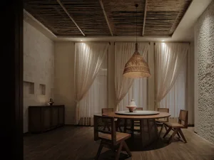 餐廳室內空間，圓形餐桌周圍環繞木椅，搭配竹編元素與柔和燈光。