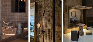A modern industrial reception area with wooden walls and furniture