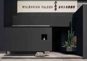 Modern, minimalist storefront with black exterior and cactus plant.