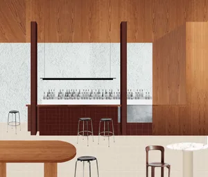 Minimalist restaurant bar interior featuring wooden furnishings and a tiled countertop.