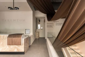 Modern reception desk crafted from marble.