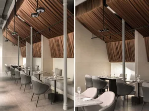 Modern, minimalist restaurant interior with concrete, glass, and wooden elements.