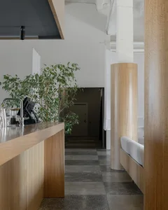 Indoor minimalist design featuring a wooden bar area with concrete flooring and greenery.