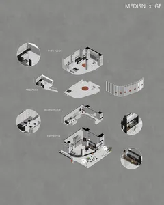Isometric diagram of a modern office space with concrete, metal, and glass materials.